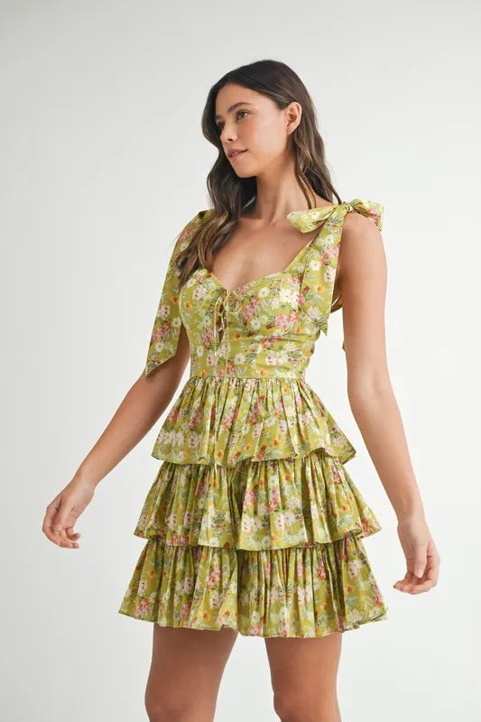 Floral Print Shoulder Tie Layered Mini Dress