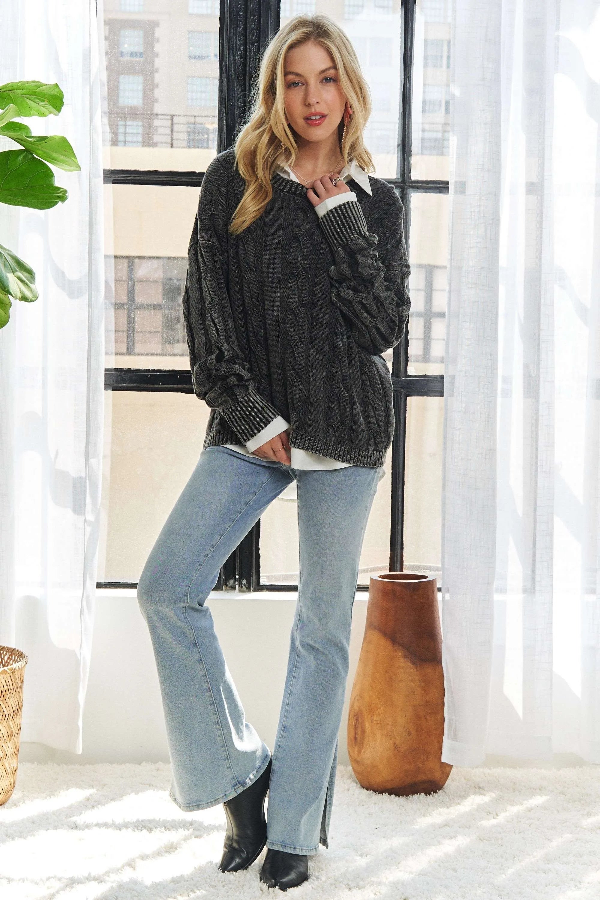 Mineral Washed Cable Knit Sweater Top