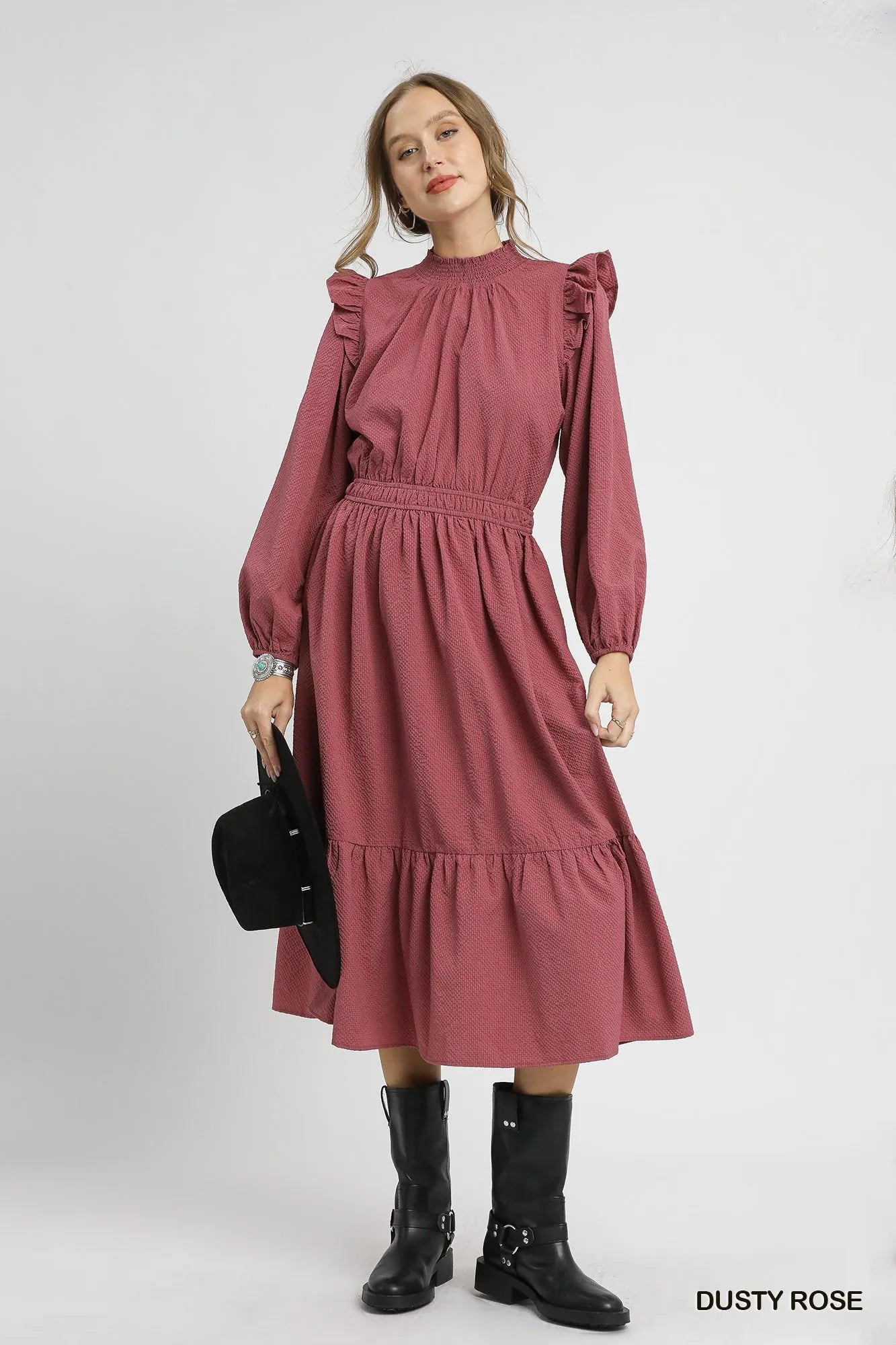 Ruffled Shoulder Accent Textured Midi Dress