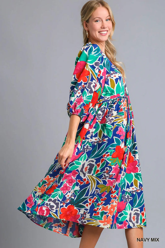 Floral Tie Neck Midi Dress with Handy Pockets