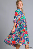Floral Tie Neck Midi Dress with Handy Pockets
