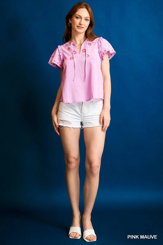 Embroidered Floral V-Neck Tie Flutter Sleeve Top