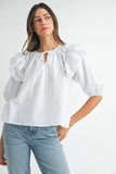 Stripe Ruffle Shoulder Puff Sleeve Blouse