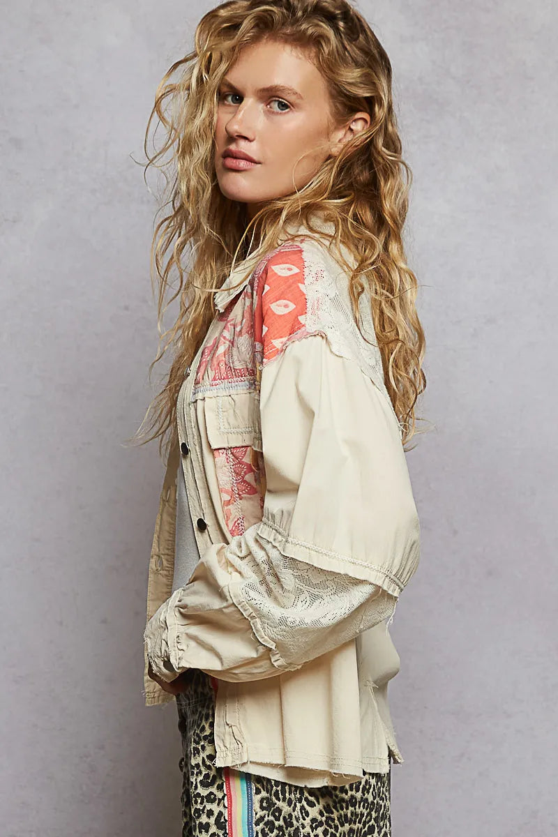 Textured Fabric Blend Jacket with Elegant Lace Trim