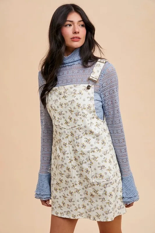 Stretch Ditsy Print Denim Overall Mini Dress