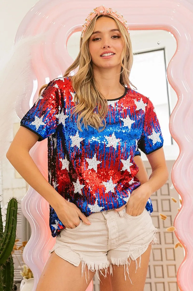 American Theme Star Pattern Sequin Top