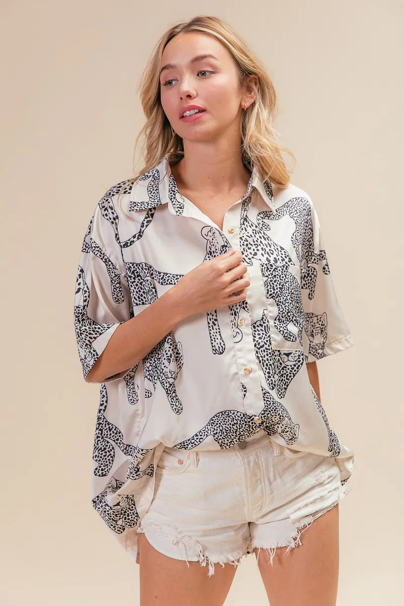 Leopard Print Short Sleeve Silky Satin Shirt Top