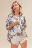 Leopard Print Short Sleeve Silky Satin Shirt Top