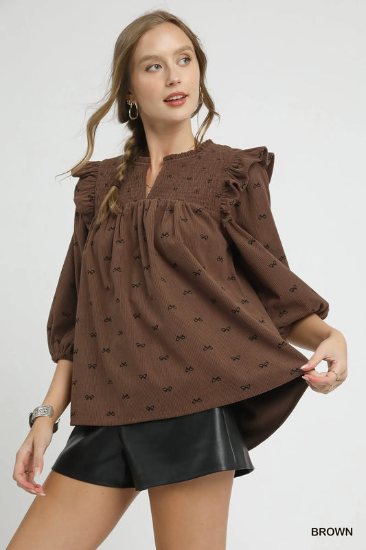 Corduroy Bow Print Blouse with Ruffled Puff Sleeves