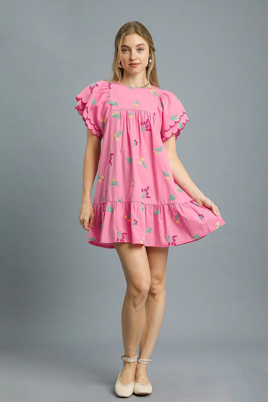 Tropical Embroidered Flutter Sleeve Mini Dress