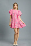 Tropical Embroidered Flutter Sleeve Mini Dress