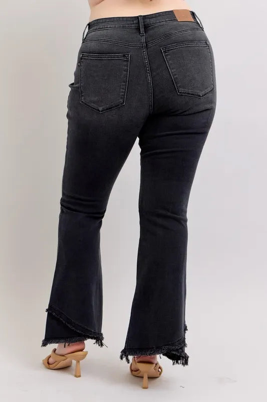 Full Size High Waist Flare W/ Mock Fray Tulip Hem Plus Size