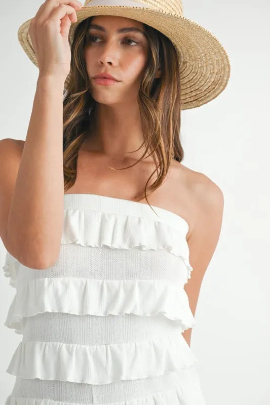 Pointelle Knit Fabric Ruffled Tube Romper