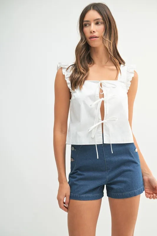 Poplin Ruffle Strap Front Self Tie Top