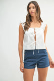 Poplin Ruffle Strap Front Self Tie Top