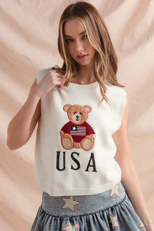 Patriotic Bear Knit Vest with USA Emblem Sweater