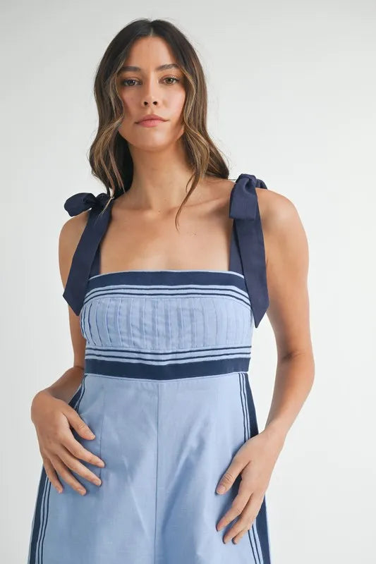 Linen Mix Chevron Sail Shoulder Strap Jumpsuit