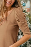 Verigated Rib Knit Puff Sleeves Shorts Top