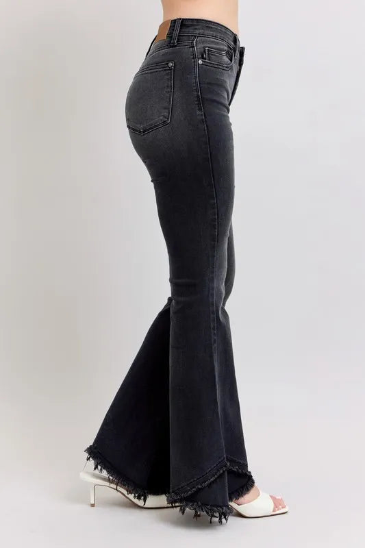 Full Size High Waist Flare W/ Mock Fray Tulip Hem Plus Size
