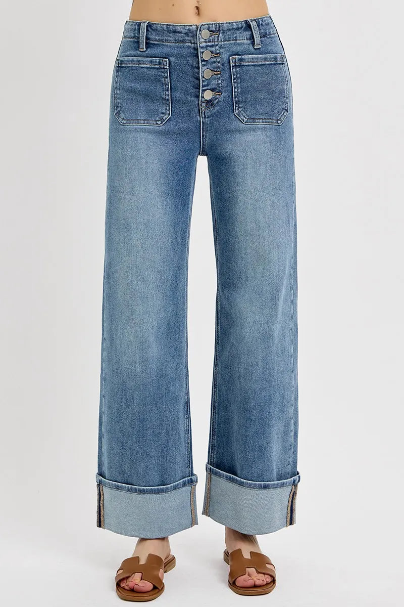 High Waisted Cuffed Wide Leg Button Fly Patch Jeans