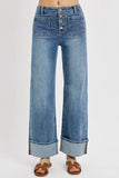 High Waisted Cuffed Wide Leg Button Fly Patch Jeans