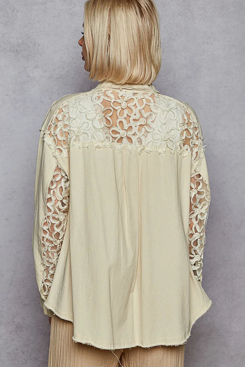Pearl Lace Patch Vintage Boho Button-Up Blouse