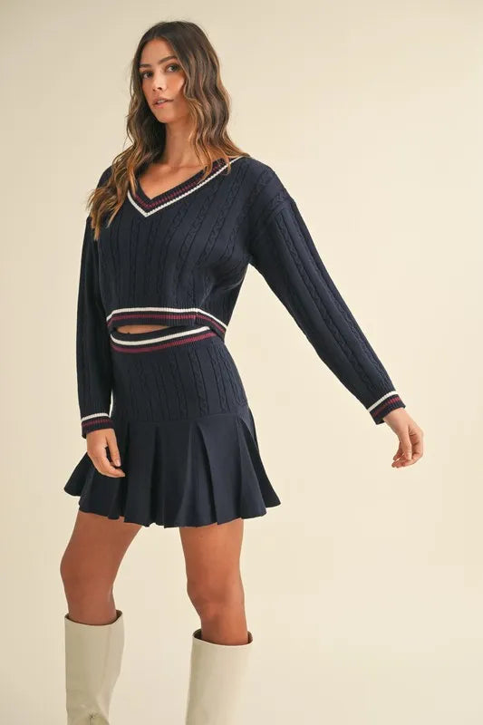 Cable-Knit Top and Pleated Skirt Sweater Set