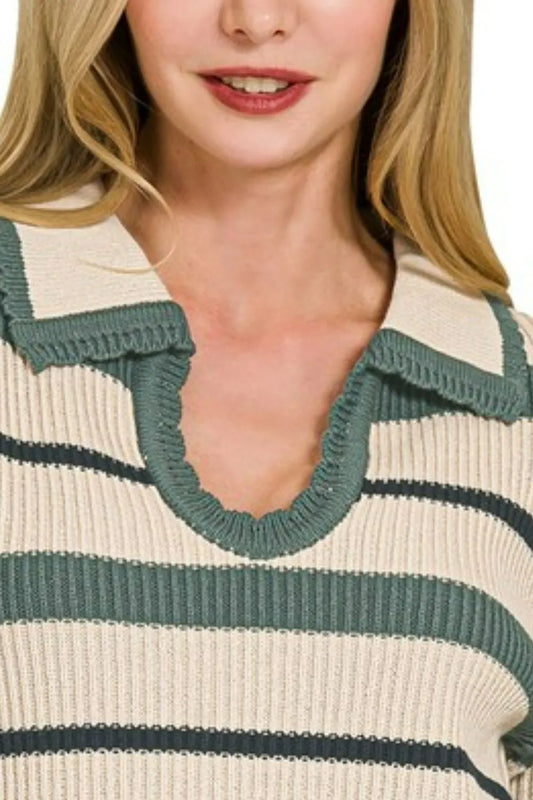 Striped Collared Short Sleeve Cropped Sweater