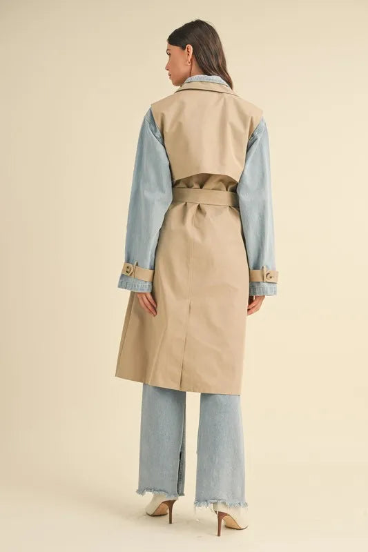 Layered Look Trench Coat With Denim Jacket