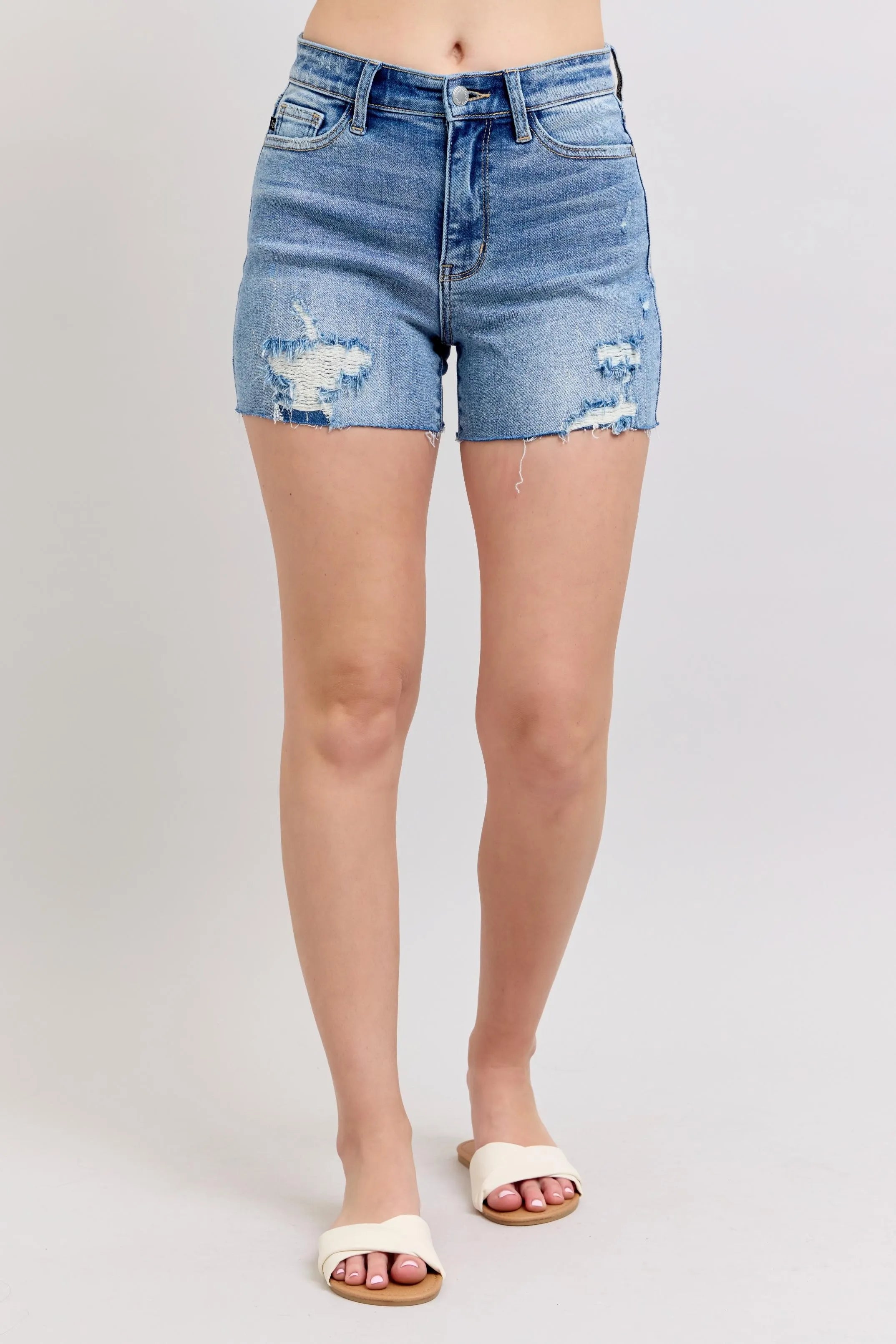 Full Size High Waist Denim Shorts W/stitch Over Destroy Detail