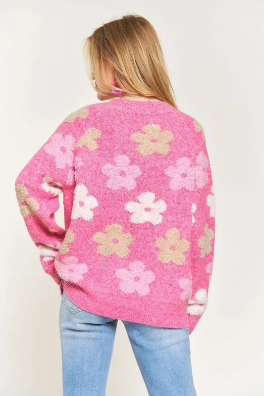 Full Size Floral Popped 2-Tone Sweater Top Plus Size