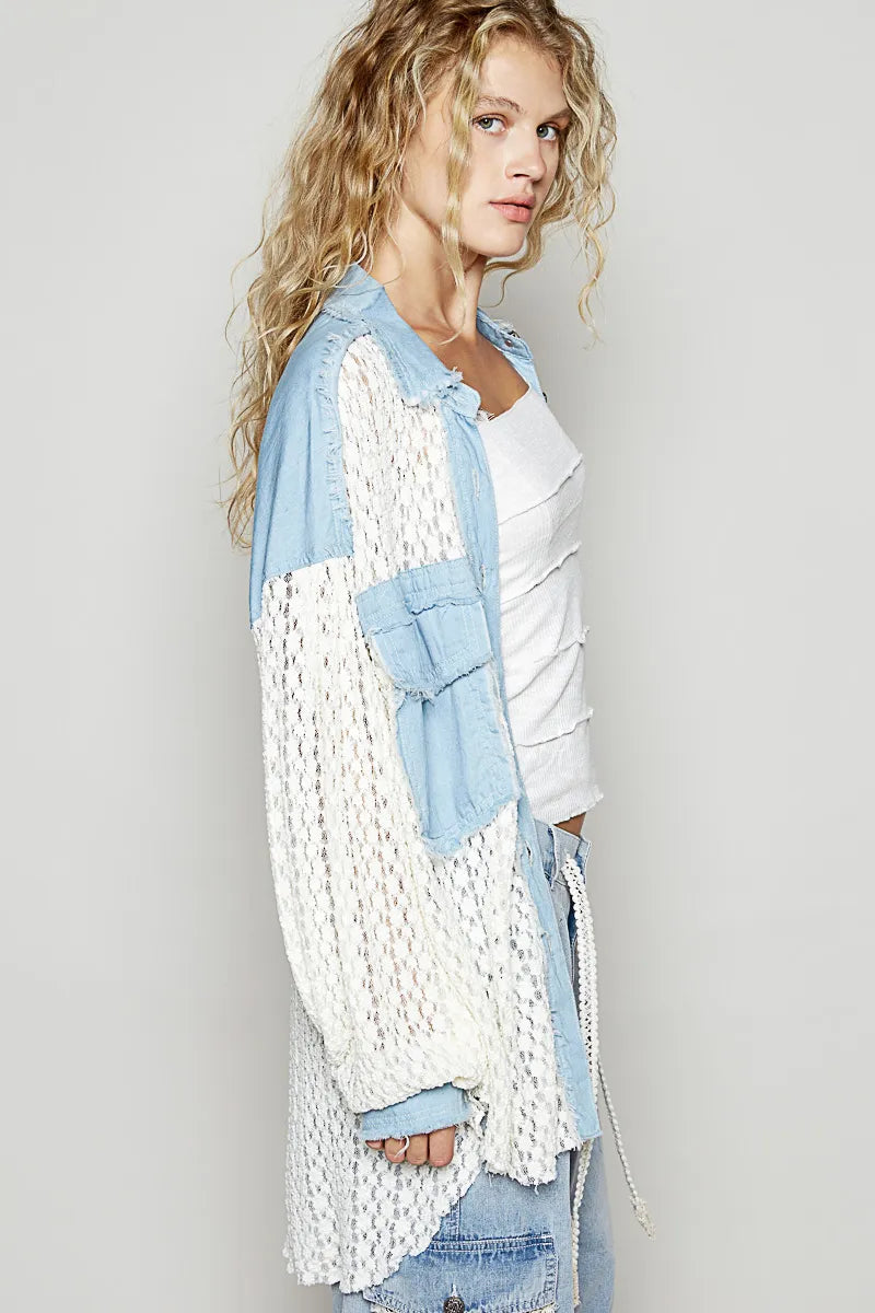 Chunky Knit-Sleeve Denim Mix Shirt
