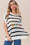 Vacay Mode Lettering Drop Shoulder Striped Sweater
