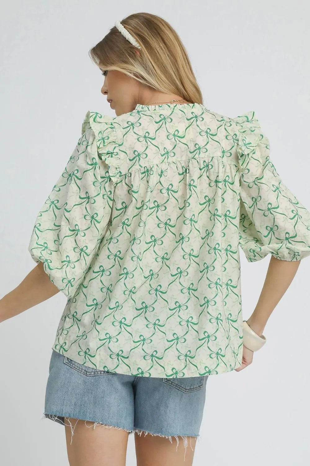 Botanical Lace-Up Ruffle Blouse