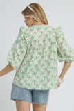 Botanical Lace-Up Ruffle Blouse