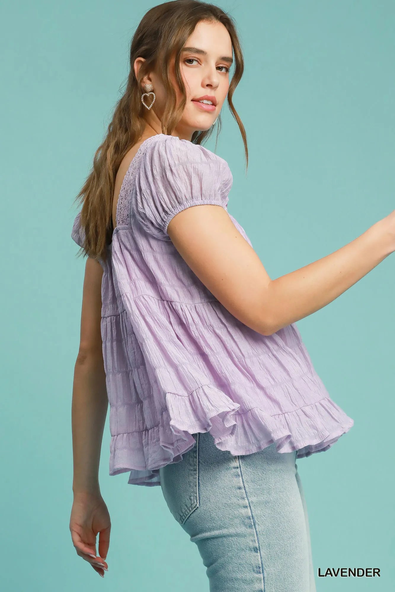 Textured Square Neck Ruffle Hem Blouse with Bow Tie