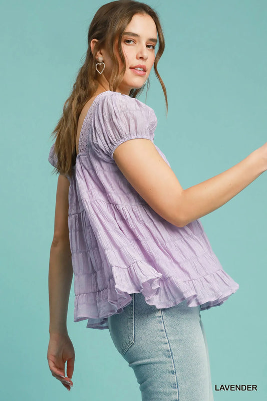 Textured Square Neck Ruffle Hem Blouse with Bow Tie