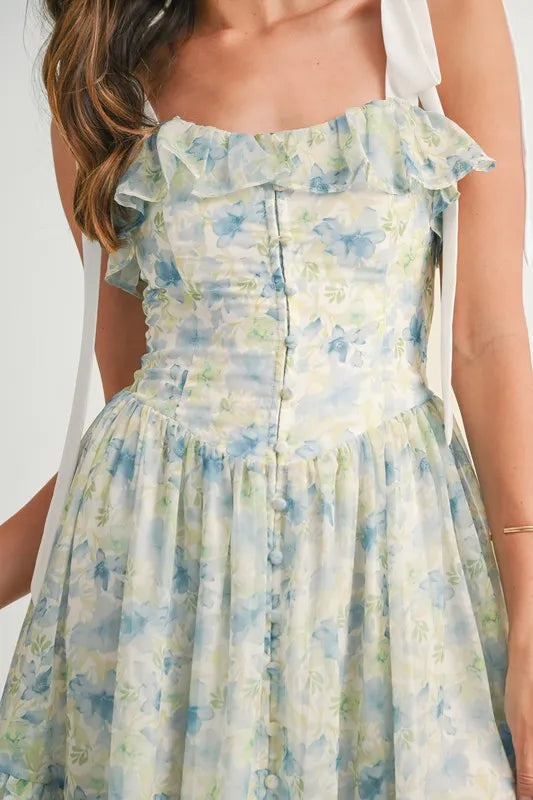 Floral Printed Shoulder Strap Midi Dress