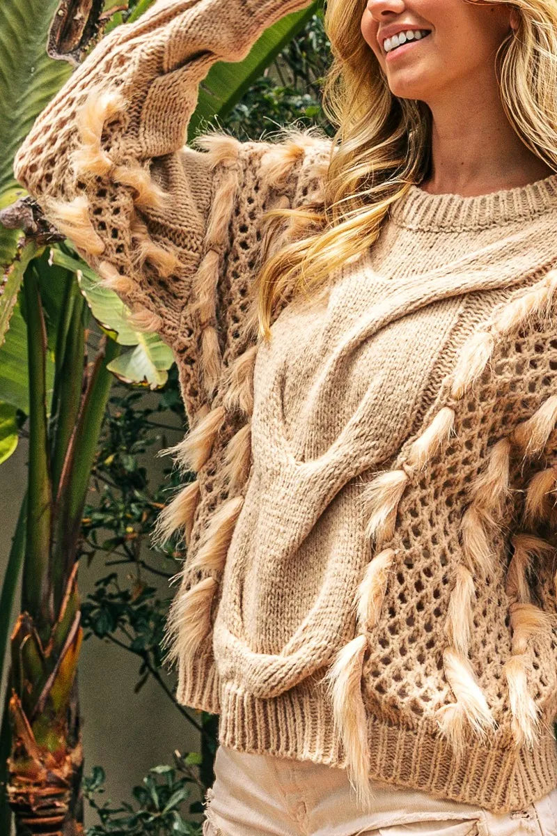 Faux Fur Detailed Pointelle Cable Knit Sweater