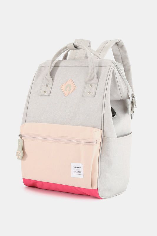 Contrast Waterproof Backpack Bag with External USB Port - Light Grey/Pink