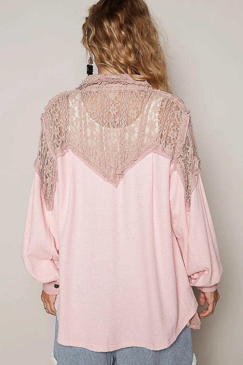 Lace Trim Button-Up Oversized Jacket