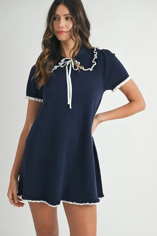 Ruffle Trimmed Collar Fine Knit Mini Dress