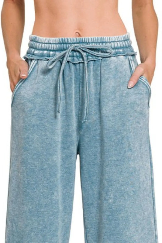 Acid Wash Fleece Palazzo Sweatpants with Pockets