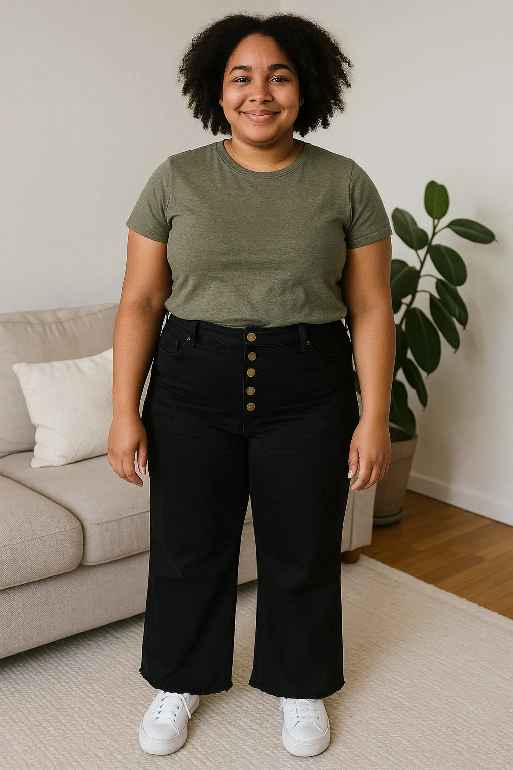 Twill High Waisted Button Fly Wide Leg Pants