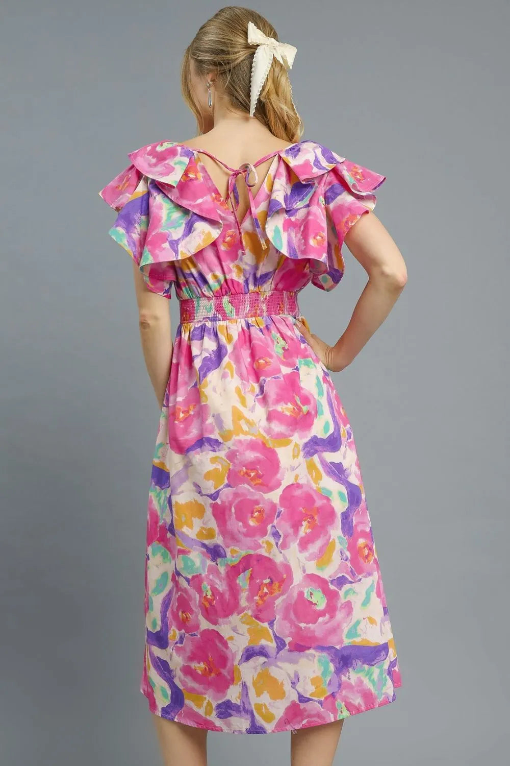 Watercolor Elegance Ruffle Sleeve Midi Dress