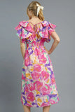 Watercolor Elegance Ruffle Sleeve Midi Dress