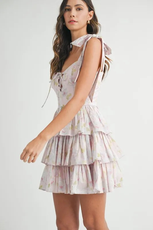 Floral Print Shoulder Tie Layered Mini Dress