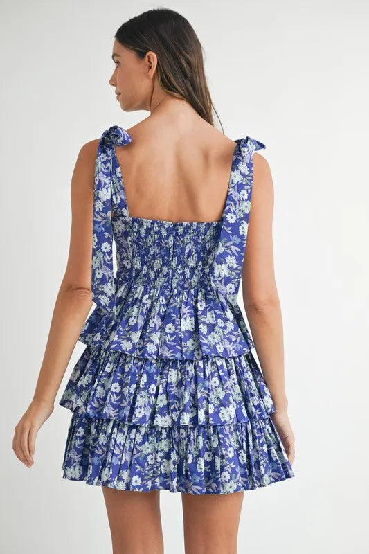 Floral Print Shoulder Tie Layered Mini Dress