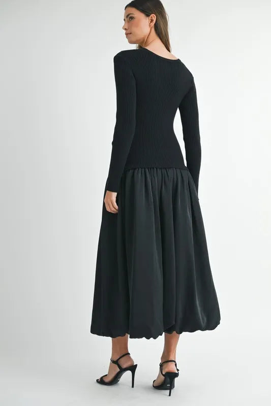 Ribbed Poplin Mix Midi Sweater Dress