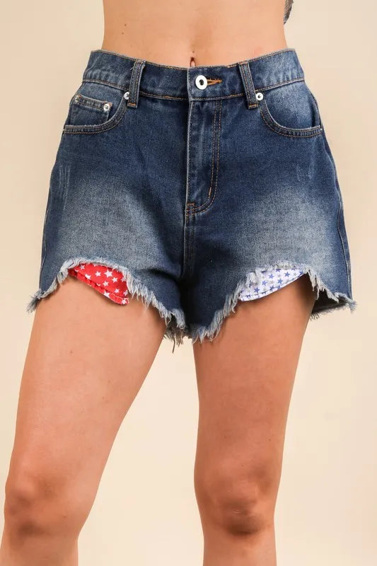 Raw Hem Pocketed Contrast Washed Denim Shorts